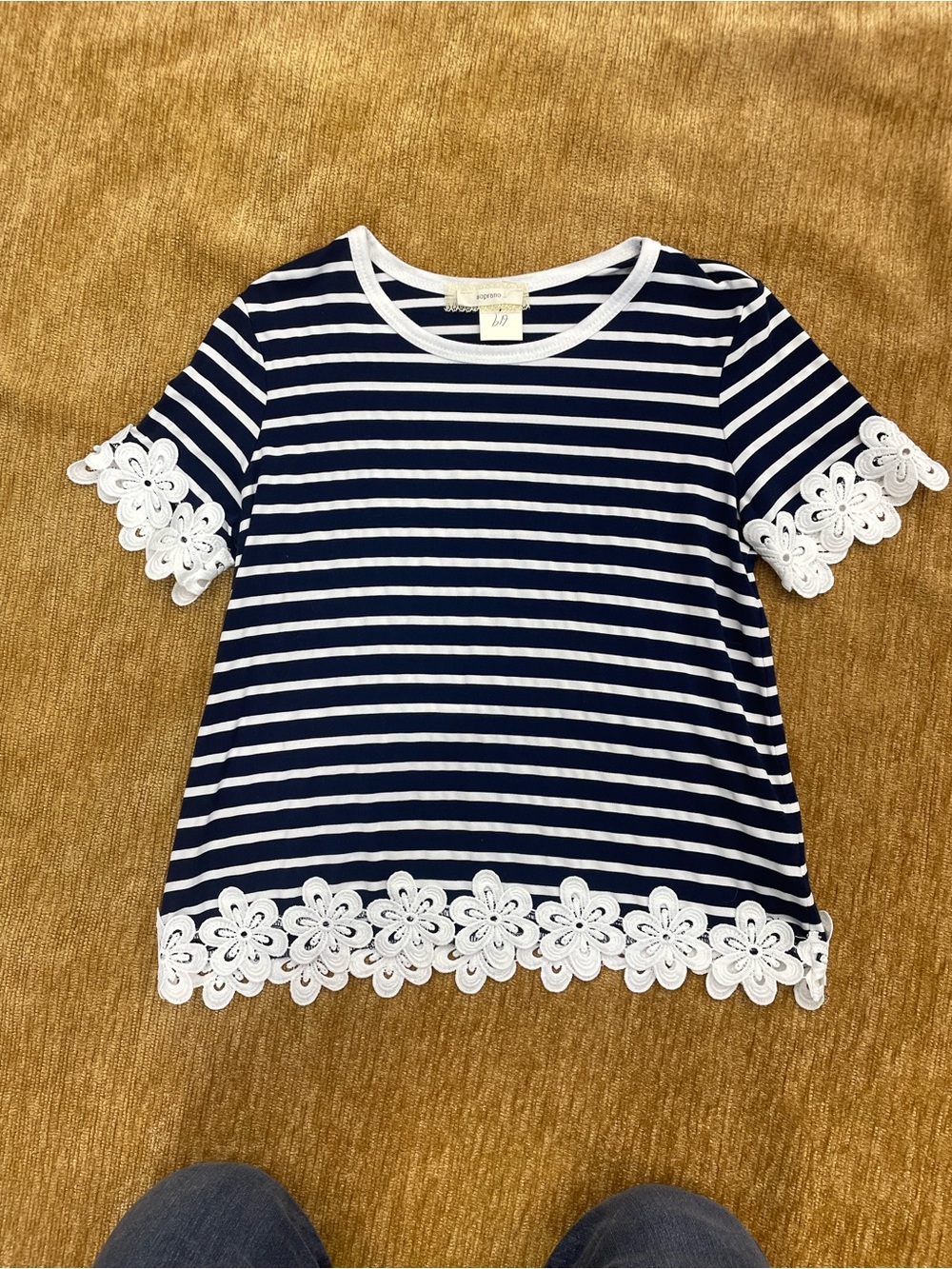 Soprano girls size 10/12 navy & white stripe with white daisy appliqué at ends